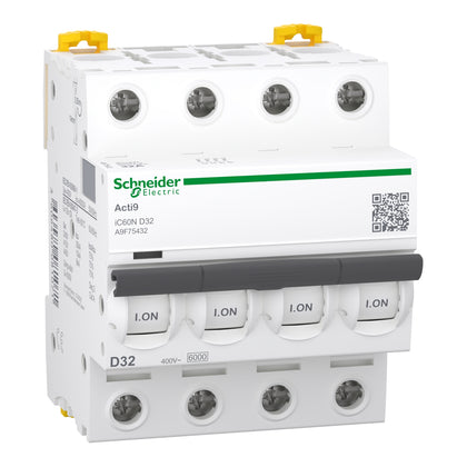 Disjoncteur miniature Acti9 iC60, 4P, 32 A, 6 kA, courbe D – Schneider Electric A9F75432