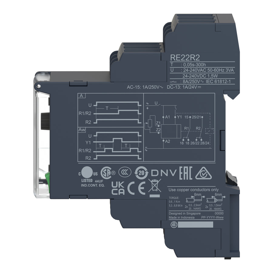 Relais temporisé modulaire Harmony, 8A, 24...240V AC / DC, 2CO, 0.05s...300h, IP40, 1CO Timed contact, Cadmium libre, 0.05–1s – Schneider Electric RE22R2AMR