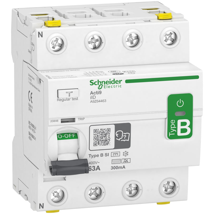 Interrupteur différentiel Acti9 iID, 4P, 63 A, 400 V AC, levier à bascule, blanc (RAL 9003), IP20, Photovoltaic – Schneider Electric A9Z64463