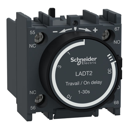 Temps temporisation bloc de contacts auxiliaires TeSys Deca, 1NO, bornes à vis, IP20, gris foncé, sur-temporisation, temps temporisation plage: 1–30s – Schneider Electric LADT2