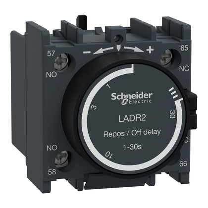 Temps temporisation bloc de contacts auxiliaires TeSys Deca, 1NO, bornes à vis, IP20, gris foncé, arrêt-temporisation, temps temporisation plage: 1–30s – Schneider Electric LADR2