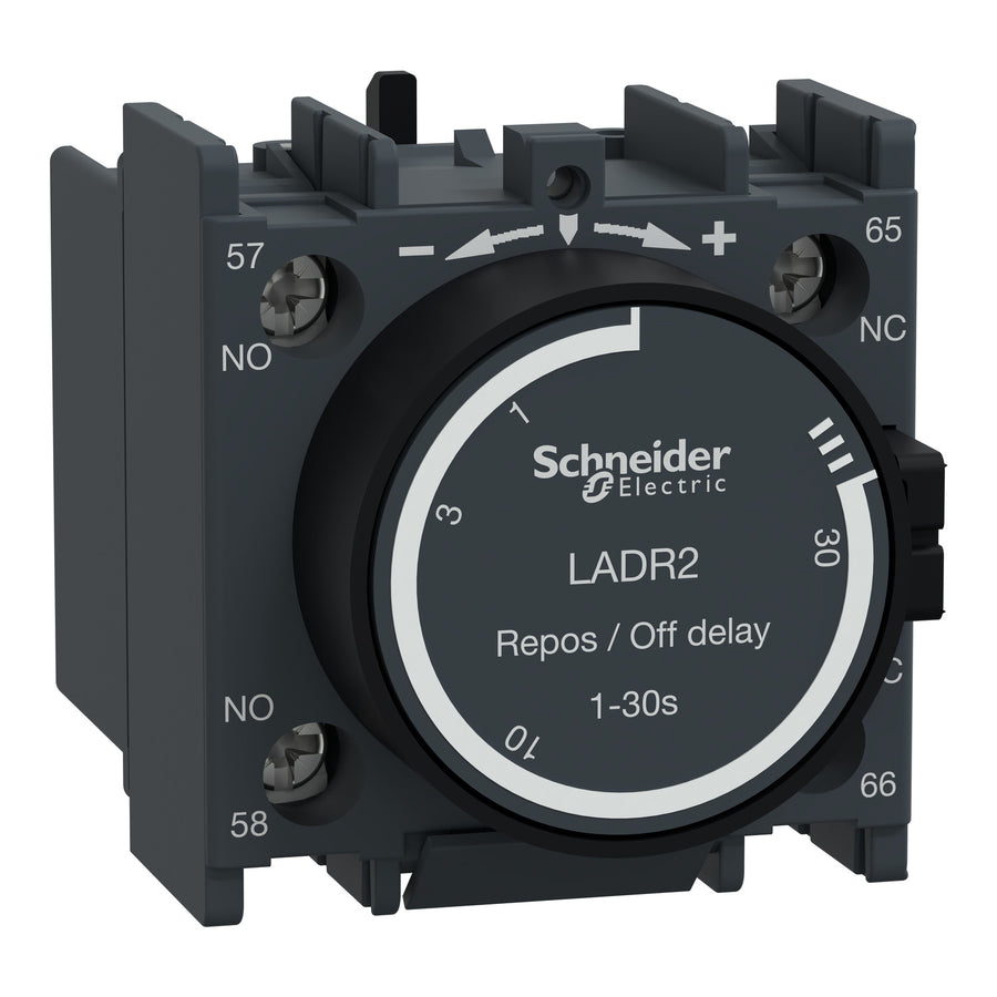 Temps temporisation bloc de contacts auxiliaires TeSys Deca, 1NO, bornes à vis, IP20, gris foncé, arrêt-temporisation, temps temporisation plage: 1–30s – Schneider Electric LADR2