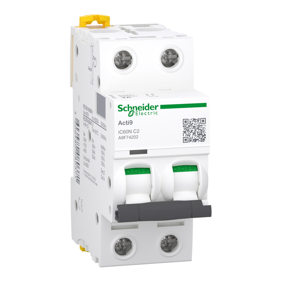 Disjoncteur miniature Acti9 IC60N, 2P, 2 A, 6 kA, courbe C, 12–133 V AC – Schneider Electric A9F74202