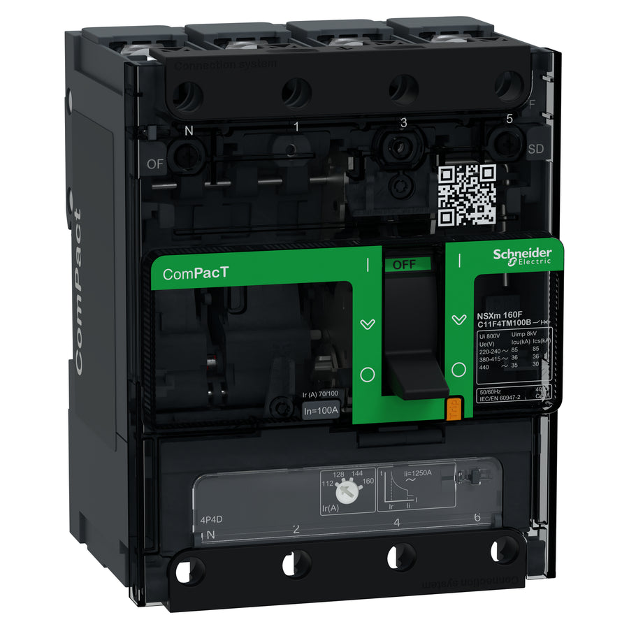 Disjoncteur ComPact NSXm, 4P, 36kA, 415V AC, 100A, 4D (neutre entièrement protégé) – Schneider Electric C11F4TM100B