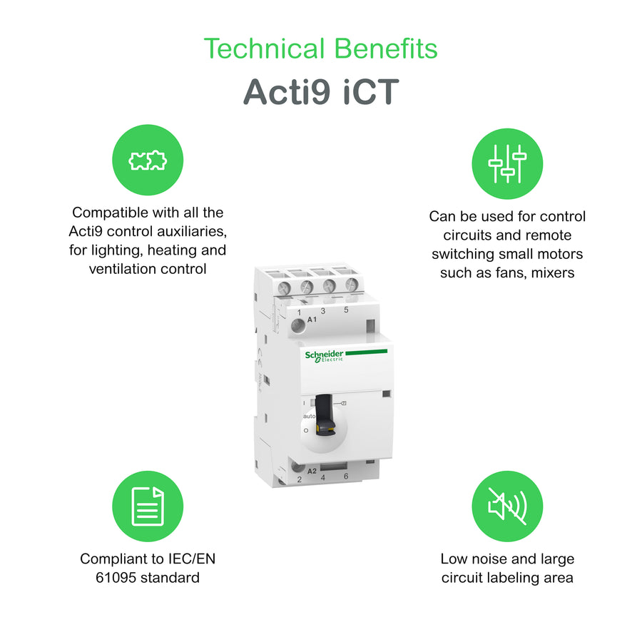 Contacteur Acti9 iCT, 25 A, 220–240 V, 3NO, IP20, à distance et manuel commande – Schneider Electric A9C21833