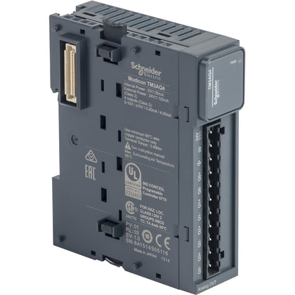 Module de sorties analogiques Modicon TM3, 24V DC, IP20, non-linearity: + / –0.2 %FS, 4 analogique Outputs (vis) 24Vdc, 4 Outputs (vis) 24 VDC – Schneider Electric TM3AQ4