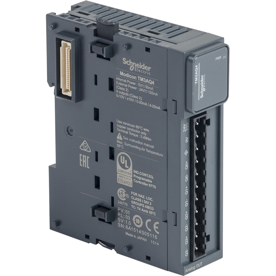 Module de sorties analogiques Modicon TM3, 24V DC, IP20, non-linearity: + / –0.2 %FS, 4 analogique Outputs (vis) 24Vdc, 4 Outputs (vis) 24 VDC – Schneider Electric TM3AQ4