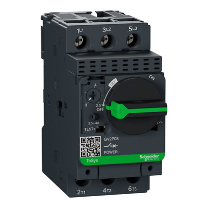 Disjoncteur-moteur TeSys GV2, 3P, 4 A, 100 kA, bornes à vis, 690 V AC, poignée rotative, thermomagnétique – Schneider Electric GV2P08