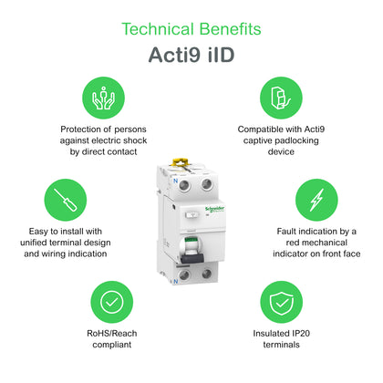 Interrupteur différentiel Acti9 iIDK RCCB, 2P, 25A, Iid - RCCB - 10mA - type A-SI – Schneider Electric A9R30225