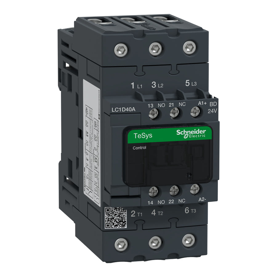Contacteur TeSys Deca, 3P, 40 A, 440 V, 3NO, IP20, 24 V DC, rail, 60 A, 10 A, 690 V AC – Schneider Electric LC1D40ABD