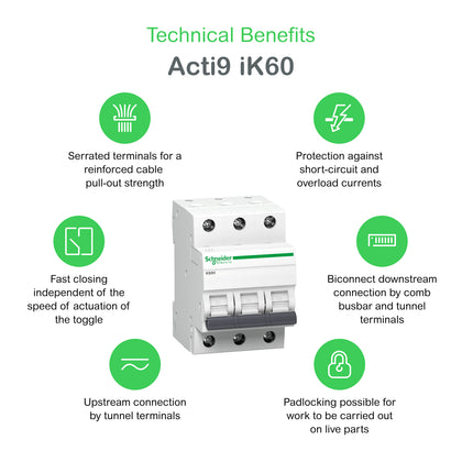 Disjoncteur miniature Acti9 Lite K60N, 3P, 32 A, 6 kA, courbe C – Schneider Electric A9K02332