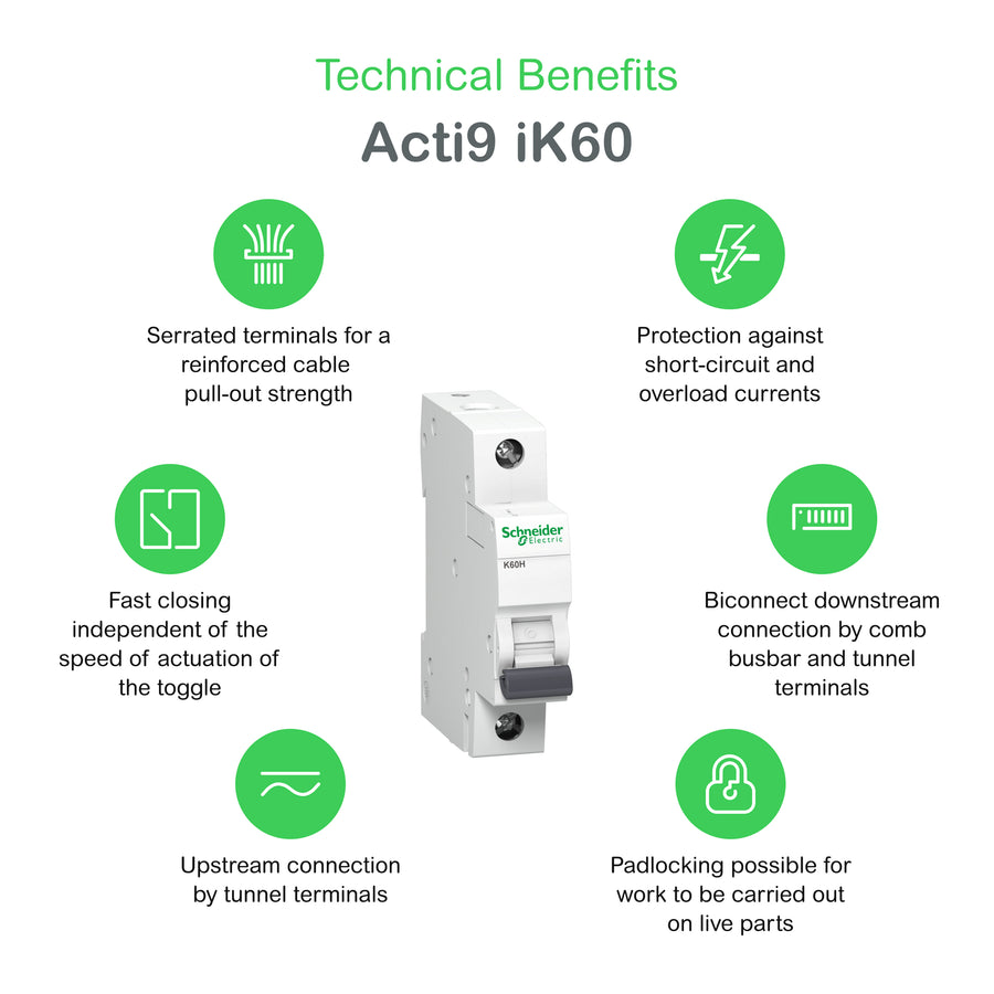 Disjoncteur miniature Acti9 Lite K60N, 1P, 10 A, 6 kA, courbe B – Schneider Electric A9K01110 – lot de 12