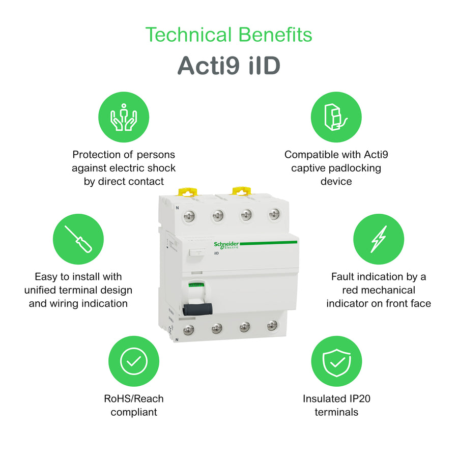 Interrupteur différentiel Acti9 iIDK RCCB, 4P, 63A, Iid - RCCB - 30mA - type AC – Schneider Electric A9R41463