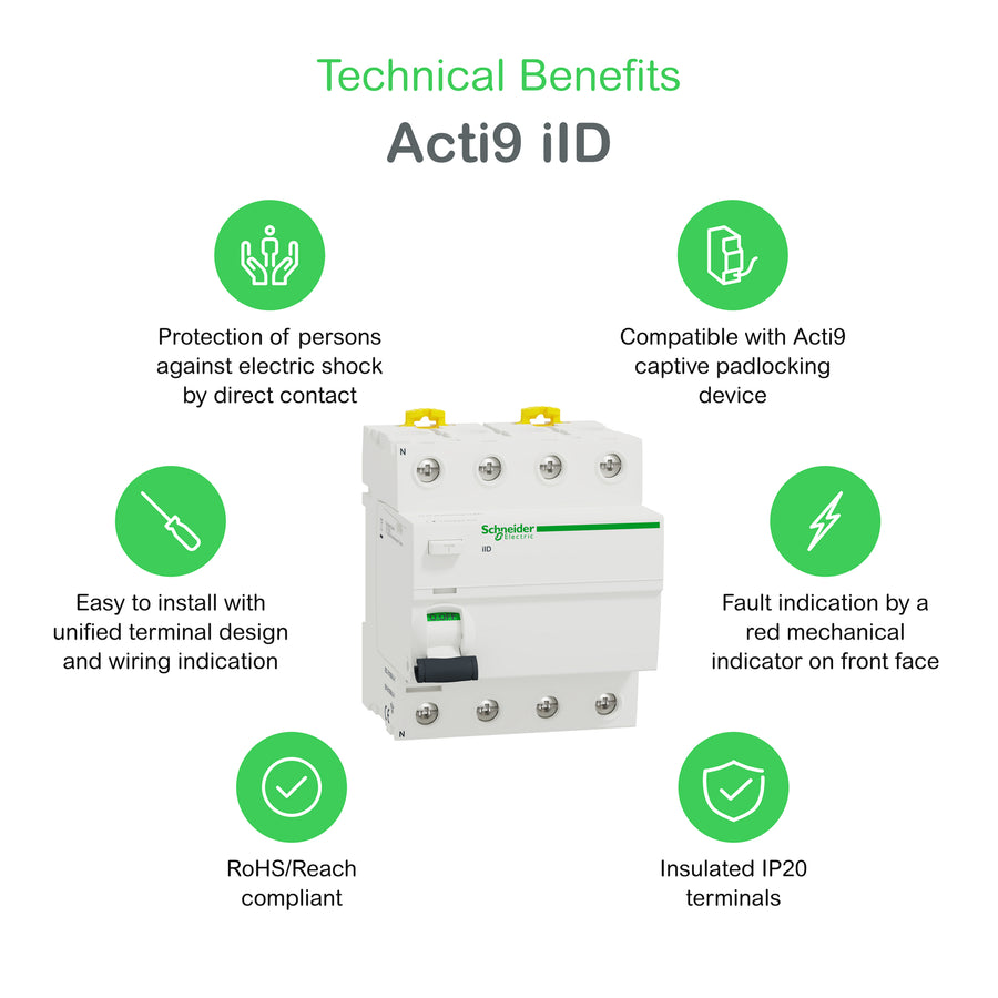 Interrupteur différentiel Acti9 iIDK RCCB, 4P, 100A, Iid - RCCB - 300mA S - type A – Schneider Electric A9R25491