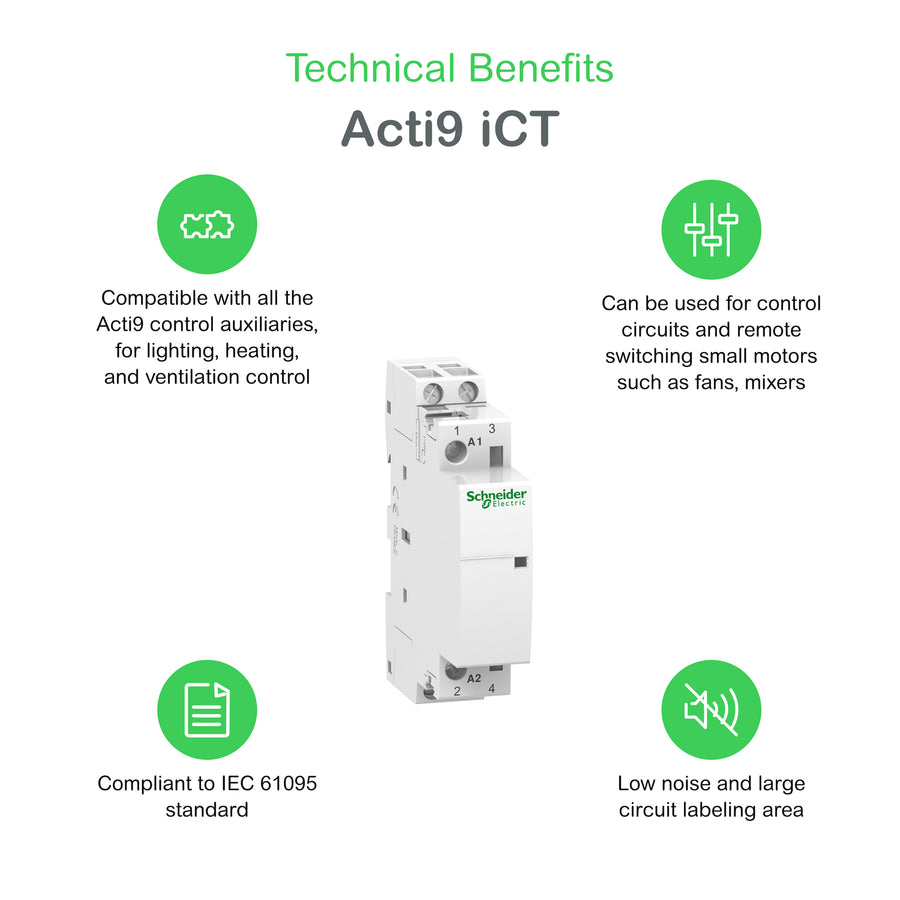 Contacteur Acti9 iCT, 2P, 40 A, 220–240 V AC, 2NO, IP20 – Schneider Electric A9C20842