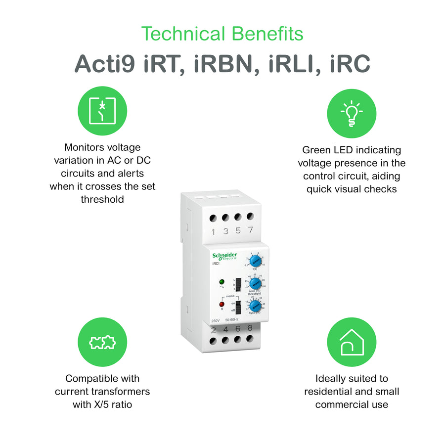 Relais de commande Acti9 iRC, 8 A, 400 V, 1CO, 0.3s, IP20 – Schneider Electric A9E21180