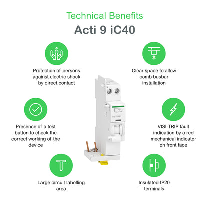 Module de disjoncteur différentiel Acti9 iC40, 25A, Vigi iC40 1PN 30mA AC – Schneider Electric A9Y82625