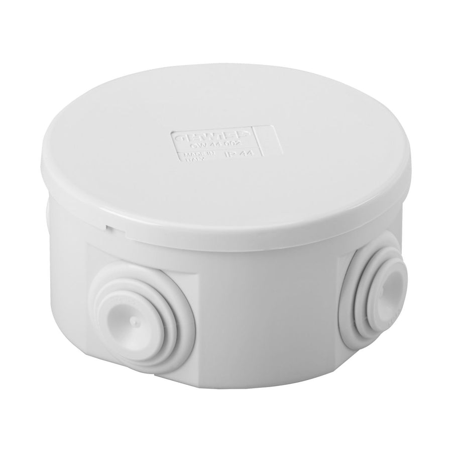 Boîte de dérivation avec couvercle plein à pression, IP44, dimensions internes Ø 80x40, parois avec presse-étoupes, gris RAL 7035 – GEWISS GW44002 – lot de 5