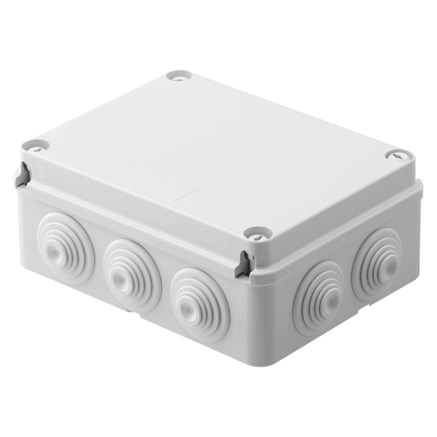 Boîte de dérivation avec couvercle plein vissé, IP55, dimensions internes 190x140x70, parois avec presse-étoupes, gris RAL 7035 – GEWISS GW44007