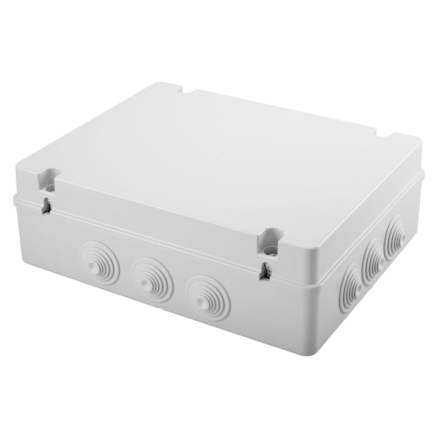 Boîte de dérivation avec couvercle plein vissé, IP55, dimensions internes 380x300x120, parois avec presse-étoupes, gris RAL 7035 – GEWISS GW44010