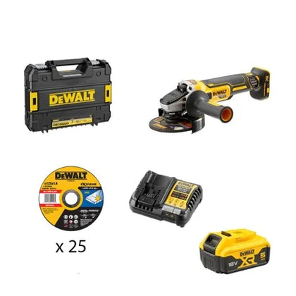 DeWALT Meuleuse Ø125 mm 18V DCG405NT-XJ + 1 batterie 18V 5 Ah + 1 chargeur DCB1104-QW + 25 disques DEWALT