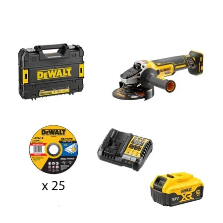 DeWALT Meuleuse Ø125 mm 18V DCG405NT-XJ + 1 batterie 18V 5 Ah + 1 chargeur DCB1104-QW + 25 disques DEWALT