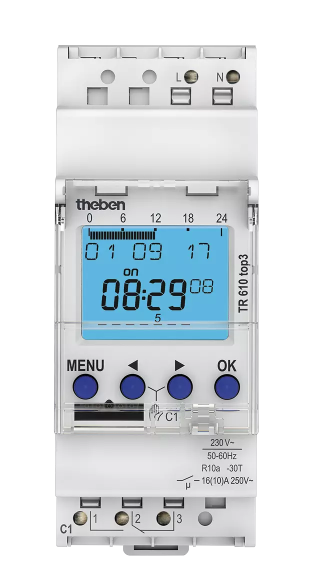 Horloge programmable digitale TR 610 top3, 230 V AC, 1 canal, programme hebdomadaire, 1 min, 2 modules – Theben 6100130