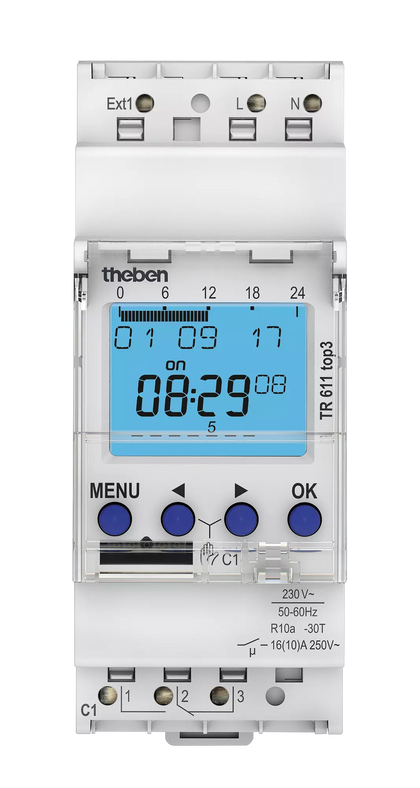 Horloge programmable digitale TR 611 top3, 230 V AC, 1 canal, programme hebdomadaire, programme annuel, 1 s, 2 modules – Theben 6110130