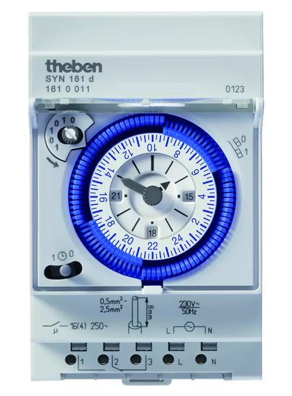 Horloge programmable analogique SYN 161 d, 230 V AC, 1 canal, programme quotidien, 15 min, 3 modules – Theben 1610011