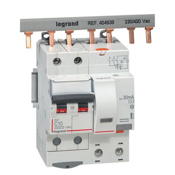 Disjoncteur différentiel avec protection contre les surintensités DX3 2P, 10 A, 10 kA, 230 V, 6 kA, 30 mA – Legrand 411157